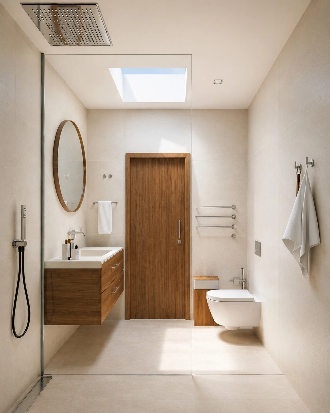 Instalação sanitária da suíte master – duche com revestimento em mosaico e luz zenital no projeto Cascais Residence
